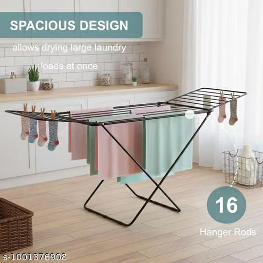 Steel Clothes Drying Rack | 16 Rail Heavy-Duty Laundry Stand | Lightweight, Rust-Resistant & Weatherproof Cloth Dryer Stand for Indoor & Outdoor Use | Black
